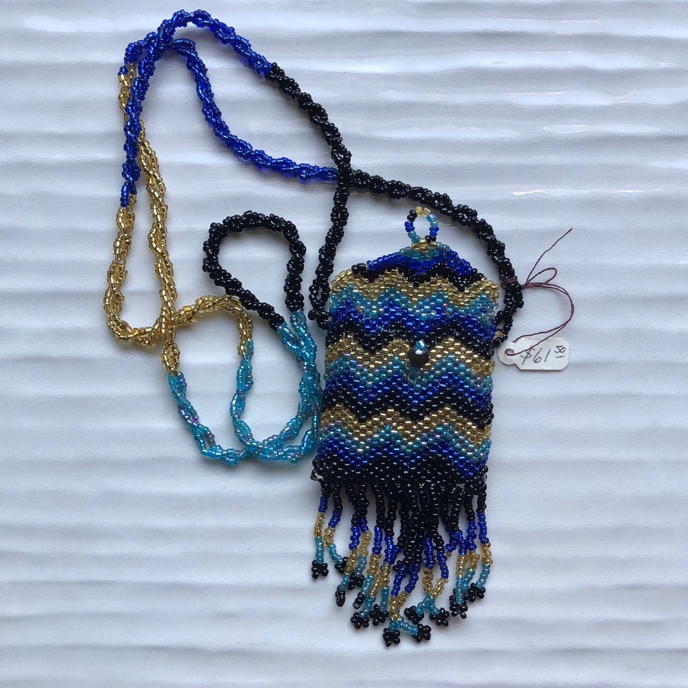 Hand Beaded Blue/Black/Gold Mini Purse Necklace